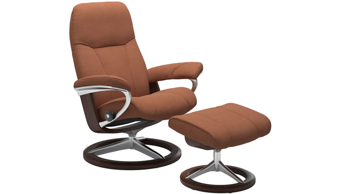 Stressless Consul Cross Recliner and Stool in Calido Saffron Fabric with Polished Base